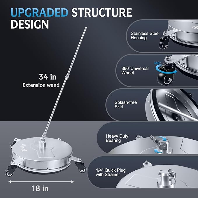RAYNEL 18'' Pressure Washer Surface Cleaner with 4 Wheels, Stainless Steel Housing, 1/4" Quick Plug, 2 Extended Wands, 2 Replacement Nozzles and 5 Spray Nozzles
