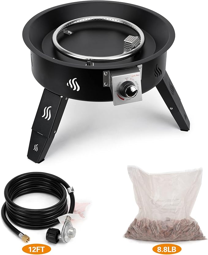 ONLYFIRE OUTDOOR LIVING Propane Fire Pit 19" with Gas Hose, Height Adjustable Gas Firepit with Lava Rocks -Portable Smokeless Fireplace for Outside Camping Bonfire Patio Backyard RV Tailgating, FP000