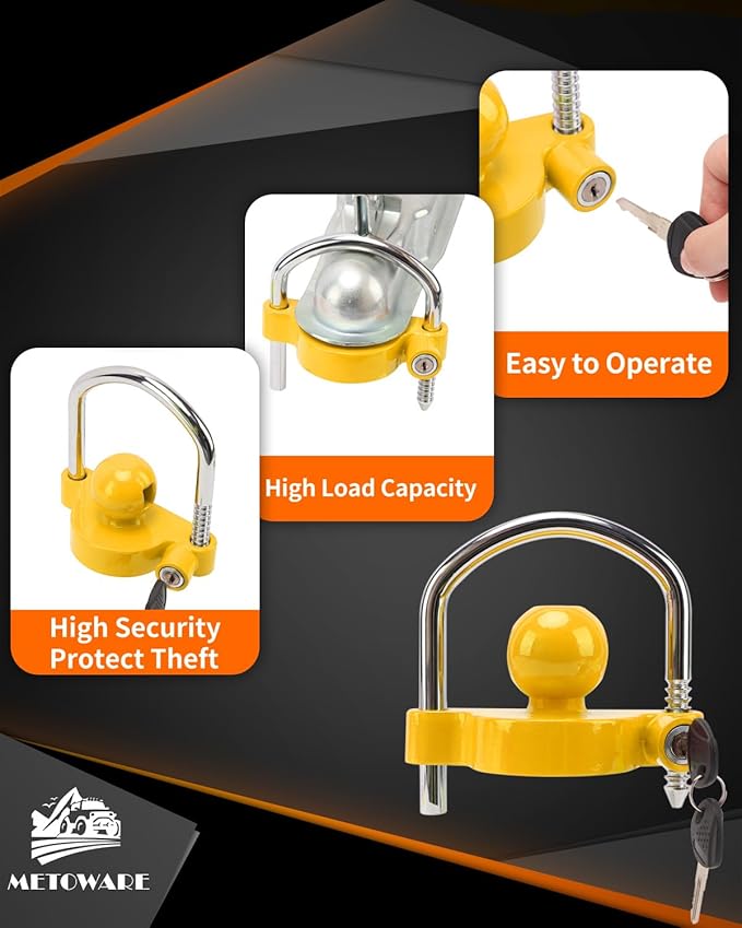 METOWARE Trailer Coupler Lock Universal Adjustable Heavy-Duty Steel Trailer Hitch Lock, Anti Theft Trailer Ball Lock Towing Lock for Towing Trailer Security Fits 1-7/8",2”, 2-5/16" Coupler Yellow