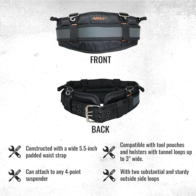 WOLF WTH2110 Heavy-Duty Ballistic Padded Tool Work Belt | Compatible w/Pouches, Holsters & 4-Point Suspenders | Body Waist Comfort Lightweight Breathable | Contractors Handyman | Tongue Buckle