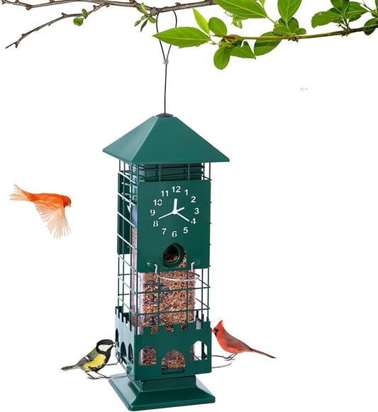 Squirrel Proof Bird Feeders Metal Mesh Anti Squirrel Wild Bird Feeder for Outdoors Hanging Weight Activated Waterproof for Finch Cardinal and Chickadee Easy to Fill, Decor Backyard (Green)