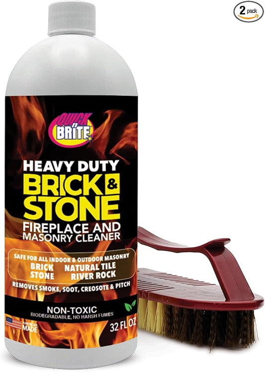 Quick'n Brite Fireplace Brick and Stone Cleaner 32oz with Scrub Brush - Natural Stone, Tile, and Marble Cleaner - Indoor Fireplace and Wood Stove Cleaning Kit - Pellet Stove Creosote Remover