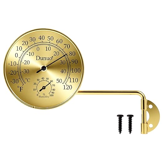 Outdoor Thermometer - Weatherproof & Decorative Outside Temperature Gauge for Window, Greenhouse Accessories and Patio (Easy-Read Brass Swivel Design) (4inch Golden case+ Golden Color)