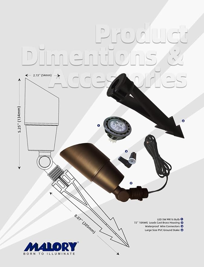 MALORY Brass Outdoor Spot Lights 1 Pack Without Bulb Kit(S01),12V AC/DC Low Voltage LED Landscape Lighting,Outdoor Lights for Patio, Garden and Yard with Ground Stake and Wire Connector