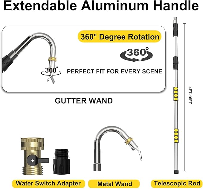 24FT Reach Gutter Cleaning Tools from Ground, Telescopic Rain Gutter Cleaners Tool with Quick Connect Adapter and Heavy Duty Wand for 2nd Story House