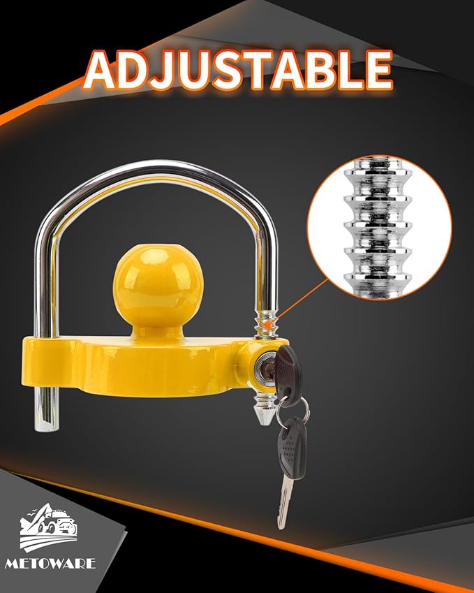 METOWARE Trailer Coupler Lock Universal Adjustable Heavy-Duty Steel Trailer Hitch Lock, Anti Theft Trailer Ball Lock Towing Lock for Towing Trailer Security Fits 1-7/8",2”, 2-5/16" Coupler Yellow