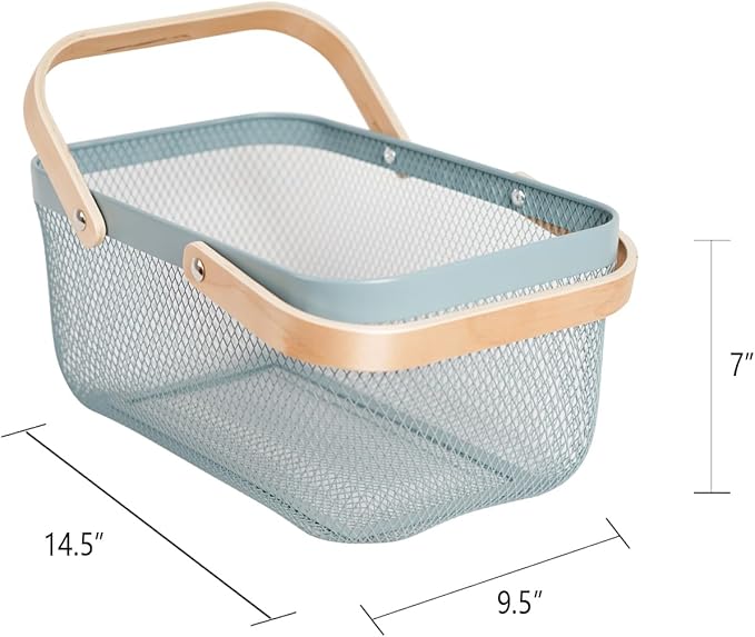 Metal Mesh Steel Harvest Basket, Rectangle Wire Garden Basket with Handle – Multi-Functional Storage Organizer for Gathering Vegetables, Fruits, Kitchen, Garden, Picnic & Cabinet (Blue)