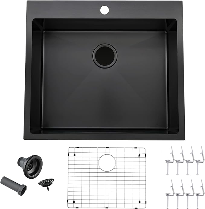 25 x 22 Inch Black Kitchen Sink, Topmount Drop In Stainless Steel Single Bowl Kitchen Sink, 16 Gauge Extra-Thick Modern Bar Prep RV Laundry Sinks with Dish Grid and Basket Strainer