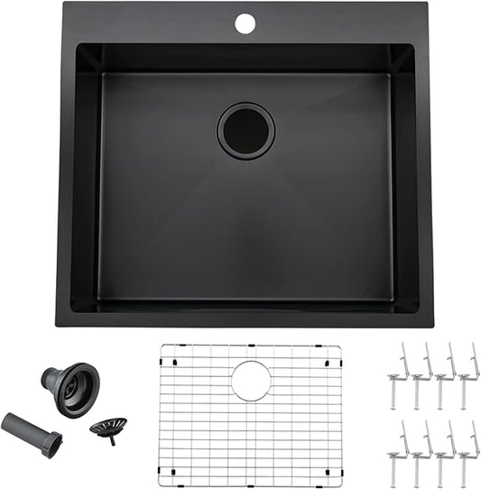 25 x 22 Inch Black Kitchen Sink, Topmount Drop In Stainless Steel Single Bowl Kitchen Sink, 16 Gauge Extra-Thick Modern Bar Prep RV Laundry Sinks with Dish Grid and Basket Strainer