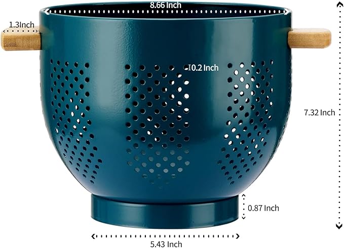 Metal Colander with Wood Handle, Powder Coated Steel Large Kitchen Strainer Stable Base,(Green, 5.5QT)