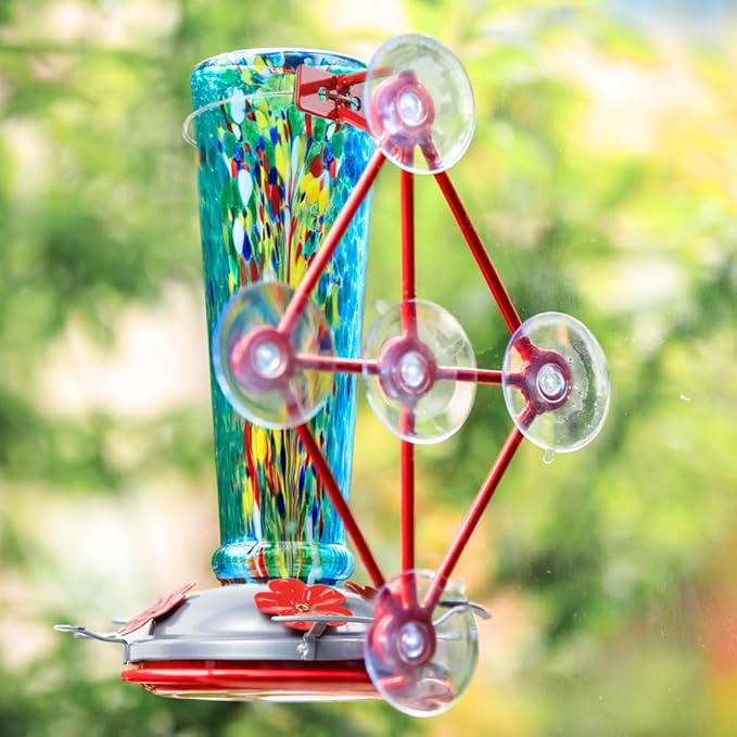 Window Hummingbird Feeder with 5 Strong Suction Cup 16 Ounces Colorful Hand-Blown Glass Hummingbird Feeder for Outdoor Patio Hanging Windows Mount (Blue)