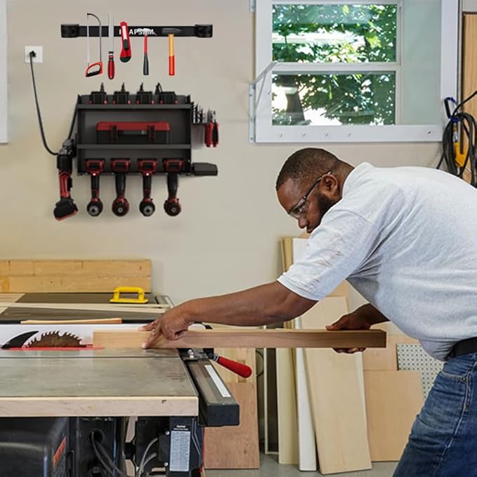 Power Tool Charging Station,Garage 4 Drill Power Tool Wall Organizer,Metal Tool Storage Rack,Cordless Drill for Garage Organization,Gifts for Men Dad Husband (Tool Holder + Magnetic Strip)