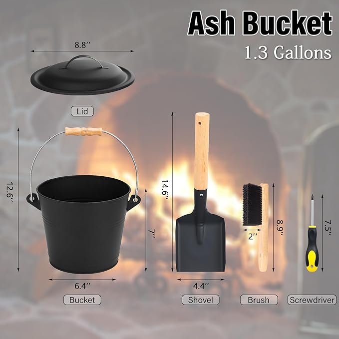 FEED GARDEN Mini Ash Bucket with Lid,Shovel,Broom and Screwdriver, 1.3 Gallon Galvanized Iron Coal Bucket for Fireplace Fire Pits Wood Stoves Indoor Outdoor，Black