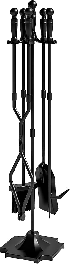 Fire Beauty Fireplace Tools, 5 Pieces Fireside Accessories Fire Kit Set,Woodstove Tools Holder Wrought Iron Handle Indoor Fireset Stand (32 Inches)