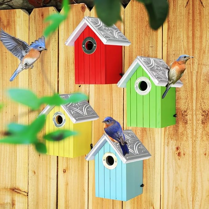 2PK Cedar Bluebird House, Wooden Bird House for Outside, 1.5" Entrance Hole Size, Stainless Steel Entrance Hole Protector, Silver Metal Roof, Colorful Garden Decorative, Pole Mountable (Yellow+Red)