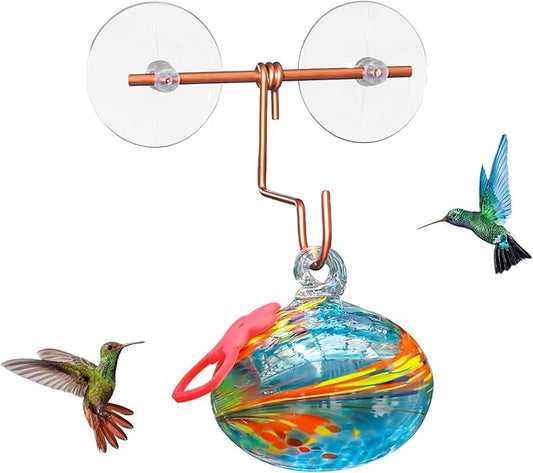Window Hummingbird Feeder with Suction Cups,Hand-Blown Glass Hummingbird Feeders for Outdoors Window Mounted with Metal Hook,Close Bird Watching,Finch in Garden,Yard(Blue)
