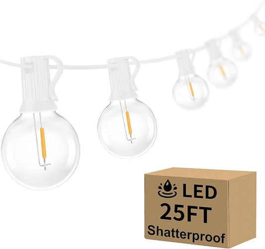Outdoor G40 LED Globe String Lights 25FT Dimmable Shatterproof Waterproof Patio Lights with 12+2 Bulbs Connectable Commercial Hanging Light for Patio Balcony Backyard Party (White Wire)