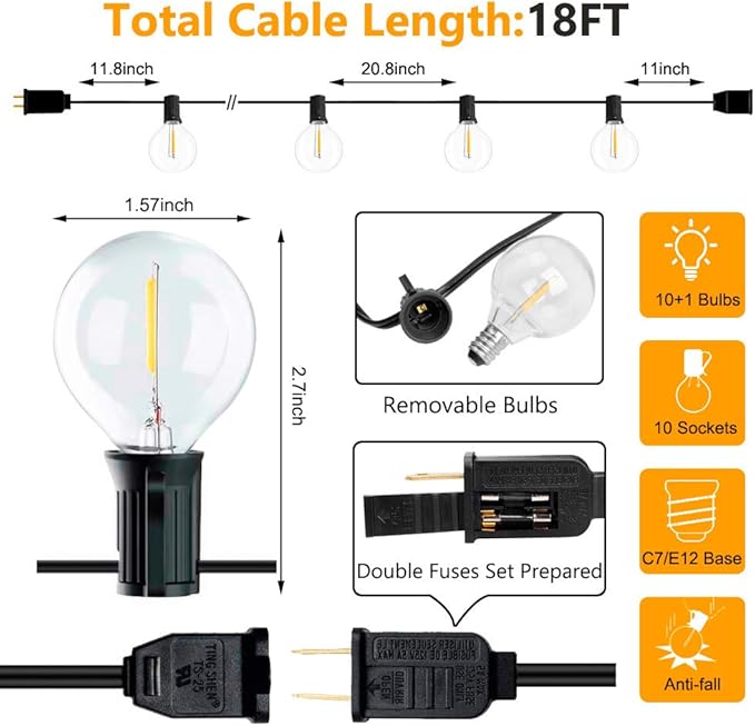18Ft Outdoor Patio String Lights,UL Listed Commercial Light String with 10+1 Plastic G40 LED Clear Globe Bulbs,Decoration for Patio Backyard Cafe Porch Garden Bistro Party Wedding