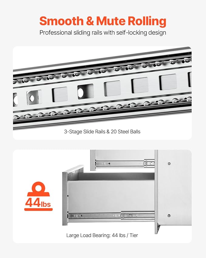 VEVOR 14x20.3 Inch Outdoor Kitchen Drawers Stainless Steel, Flush Mount Triple Drawer, 14W x 20.3H x 23D Inch, with Stainless Steel Handle, BBQ Drawers for Outdoor Kitchens or BBQ Island