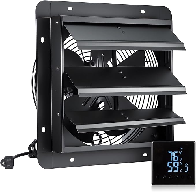 GROWNEER 12 Inch Exhaust Fan with Temperature Humidity Controller, 1200CFM Remote Control Shutter Exhaust Fan, 10-Speed Adjustable Wall Mount Attic Fan for Greenhouses Garages Sheds