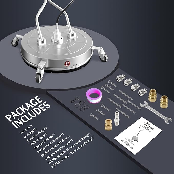 RAYNEL 24'' Pressure Washer Surface Cleaner with 4 Wheels, Dual Handle, Stainless Steel Housing, 2 Hose Adapters, 4 Replacement Nozzles