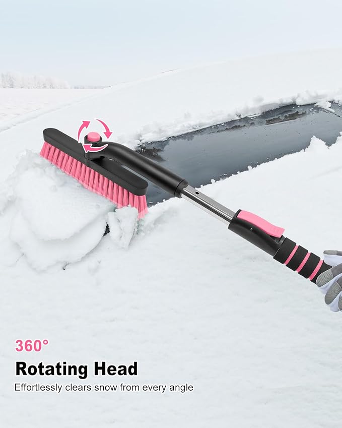 SEAAES Ice Scraper with Snow Brush for Car Windshield, Upgraded Extendable Snow Brush with Foam Grip for Truck SUV Vehicle Windows - Pink