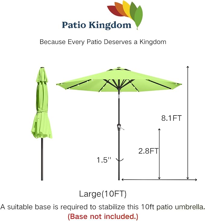 10FT Solar Umbrella 32 LED Lighted Patio Umbrella Table Market Umbrella w/Tilt and Crank, UV-Resistant Outdoor Umbrella for Pool, Garden, Deck, Apple Green