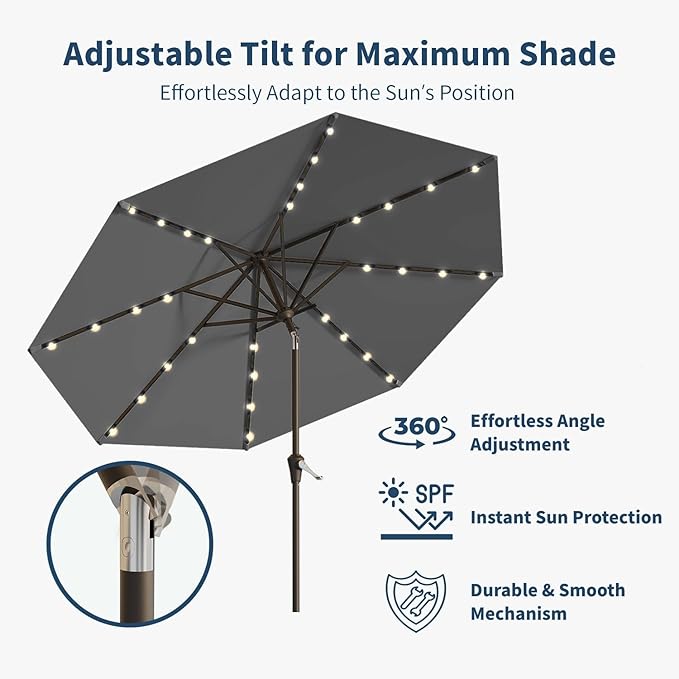 10FT Solar Umbrella 32 LED Lighted Patio Umbrella Table Market Umbrella w/Tilt and Crank, UV-Resistant Outdoor Umbrella for Pool, Garden, Deck, Gray