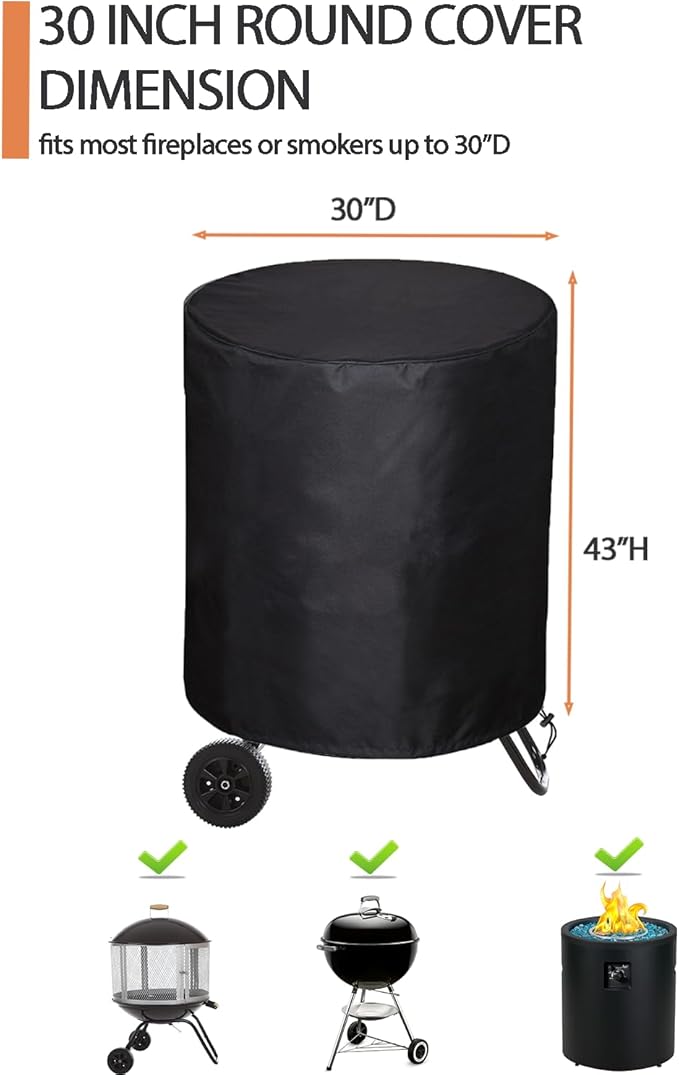 SheeChung Outdoor Fireplace Cover for Fire Sense 01471 Fire Pit,Waterproof Round Grill Cover 30 Inch,Heavy Duty 600D Outside Round Covers for BBQ Grill Smoker,UV Resistant,30" Dx43 H