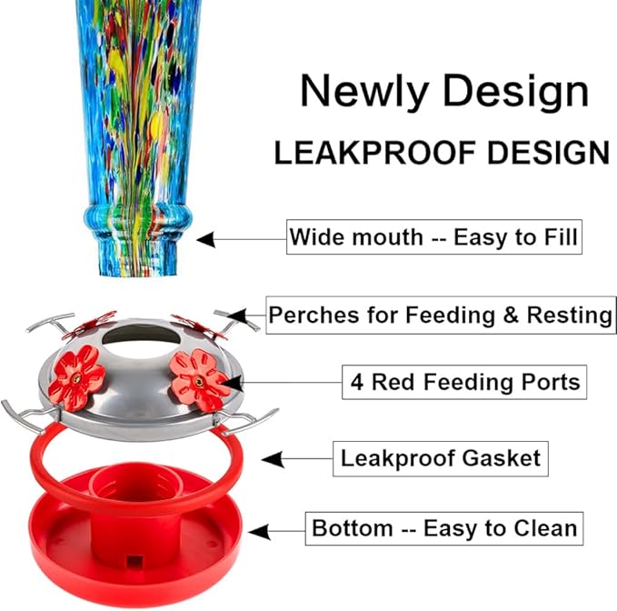 Window Hummingbird Feeder with 5 Strong Suction Cup 16 Ounces Colorful Hand-Blown Glass Hummingbird Feeder for Outdoor Patio Hanging Windows Mount (Blue)