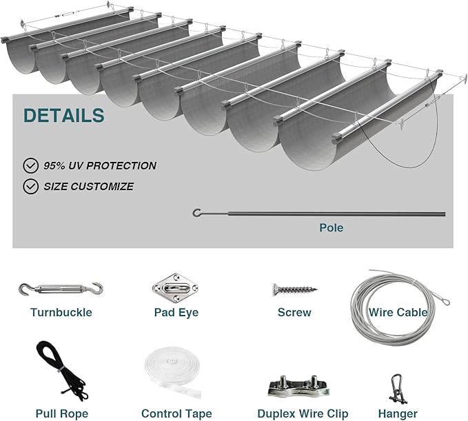 ECOOPTS 3'x34' Retractable Wave Sun Shade Canopy Pergola Cover Shade Sail Awning for Patio Porch Garden Yard Deck Outdoor (Light Grey)
