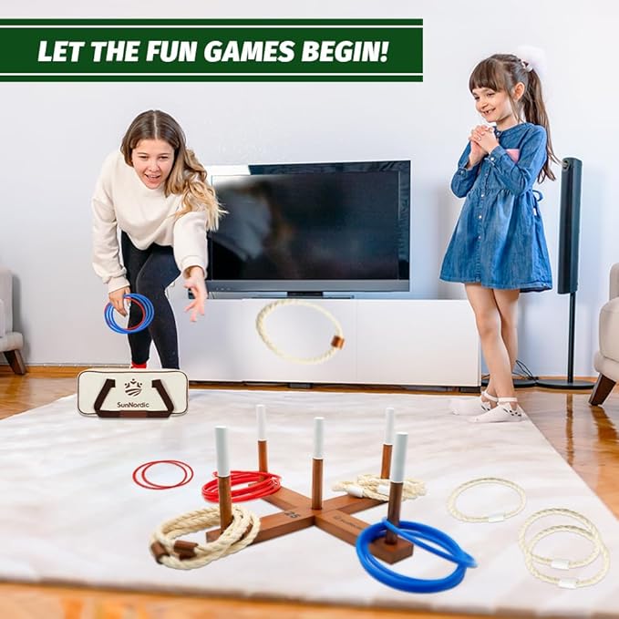 Wooden Ring Toss Game Set, Backyard Beach Camping Game with Toss Rings & Portable Carrying Bag, Outdoor Lawn & Yard Games for Kids, Adults & Family