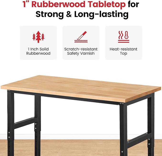 Work Bench for Garage Workbench Adjustable Height Work Table for Shop Woodworking, 60x 22 Heavy Duty Rubber Wood Top for Office, Home, Commercial
