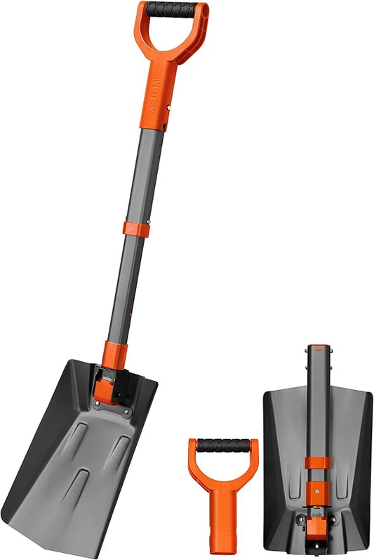 AstroAI 38.4" Folding Snow Shovel for Car, Extendable Snow Shovel with Thickened Aluminum Handle and Reinforced Iron Hinge, Portable and Multifunctional for Cars, Snowmobiles, Camping and Mud, Grey