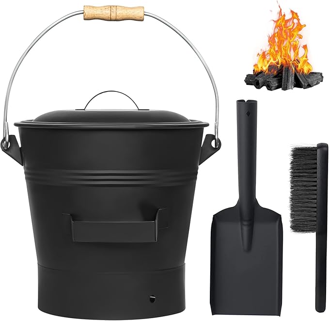 Ash Bucket with Lid, Shovel and Hand Broom, 2.6 Gallon Fireplace Metal Bucket Reinforced Base & Ash Can, Fire Pit,Wood Burning Stove for Fireplace, (Ash Bucket-2.6Gallon)
