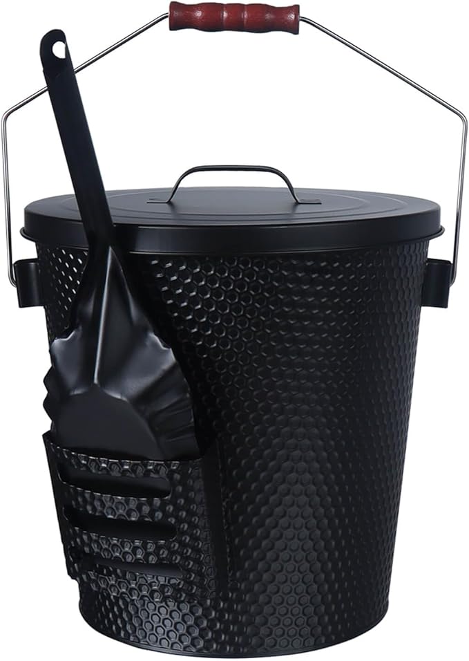 5 Gallon Ash Bucket with Lid - Shovel, Broom, and Gloves, Heavy Duty Galvanized Iron, Fire-Resistant, Black Finish Perfect for Fireplaces, Fire Pits, Wood-Burning Stoves, and Grills