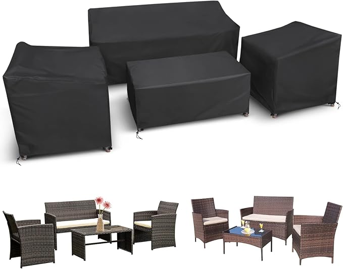 STARTWO Patio Furniture Covers 4 Piece Set, Heavy Duty Waterproof Outdoor Furniture Cover for Rattan Wicker Conversation Set, Black