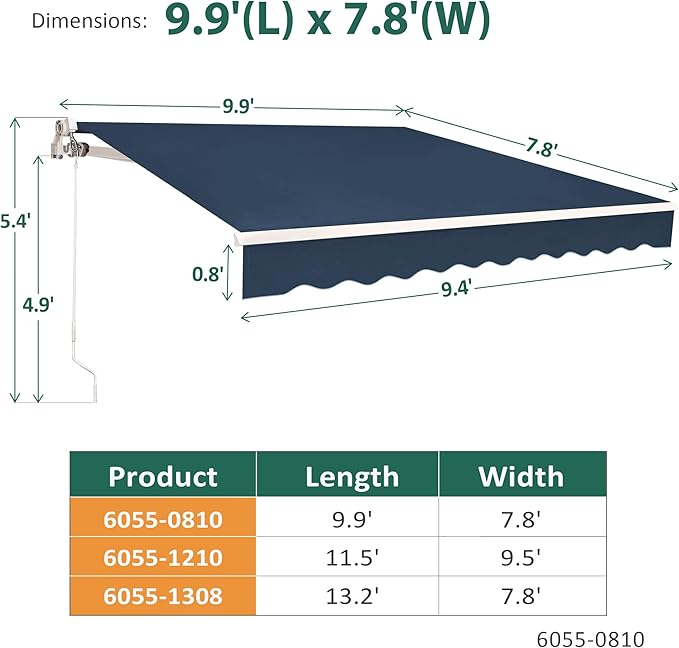 MCombo 9.9 x 7.8 Feet Manual Retractable Patio Door Window Awning Sunshade Shelter Outdoor Canopy,0810 (Dark Blue, 9.9'(L) x 7.8'(W))