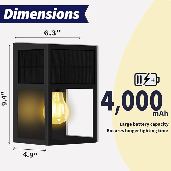 Outdoor Solar Wall Lights, Exterior Waterproof Lanterns, Stainless-Steel & Tempered Glass Shades, Modern Matte Black Porch Wall Sconce for Front Door Entryway, Yard, Warm White 2Pk