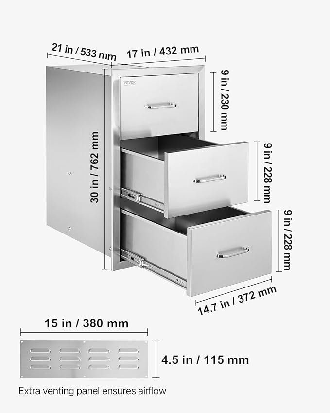 VEVOR 17W x 30H x 21D Inch Outdoor Kitchen Stainless Steel Double Access Drawers with Paper Towel Holder Combo for BBQ Island or Grill Station