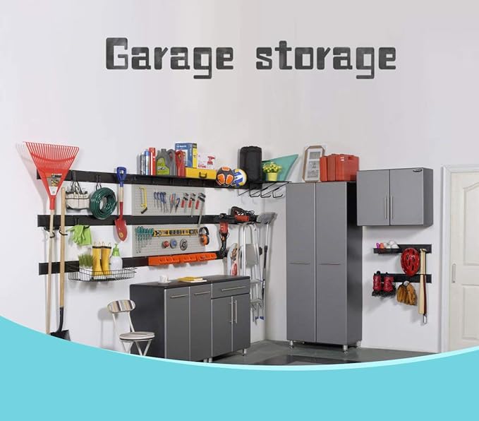 Ultrawall 13 PCS Tool Storage Rack, 64 Inches Adjustable Garage Organization Wall Mounted Storage System with 9 Hooks, Heavy Duty Steel Garden Tool Organizer Wall Holders