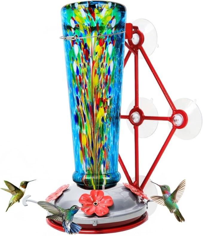 Window Hummingbird Feeder with 5 Strong Suction Cup 16 Ounces Colorful Hand-Blown Glass Hummingbird Feeder for Outdoor Patio Hanging Windows Mount (Blue)