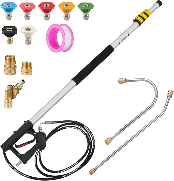 18 FT Telescoping Pressure Washer Wand with Power Washer Extension Wand, Gutter Cleaner Attachment, 5 Spray Nozzle Tips and 2 Hose Inlet Adapters