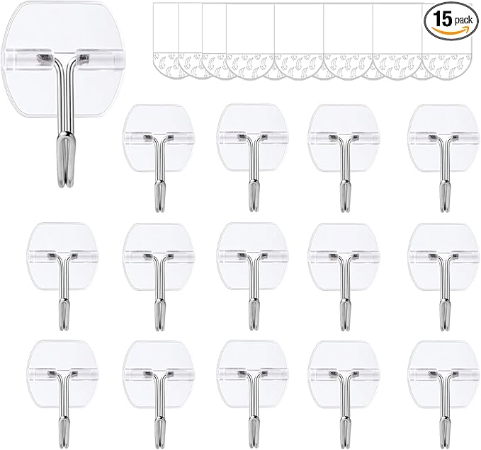 15 Small Wall Hooks for Hanging, with 20 Removable Strips, Clear Hanger Hooks, Damage-Free Utility Hooks with Adhesive Strips, Wire Toggle Wall Hook for Key, Hat, Decor, Door, Clear, Value Pack