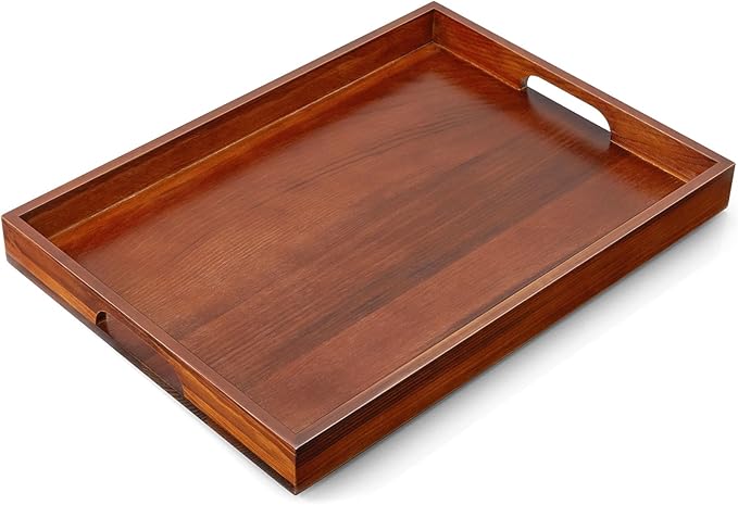 17 Inch Brown Serving Tray with Handles, Large Wooden Tray for Ottoman, Breakfast in Bed, Coffee Table, Dinner, Rectangular Wood Tray for Living Room Bedroom Entryway and Kitchen