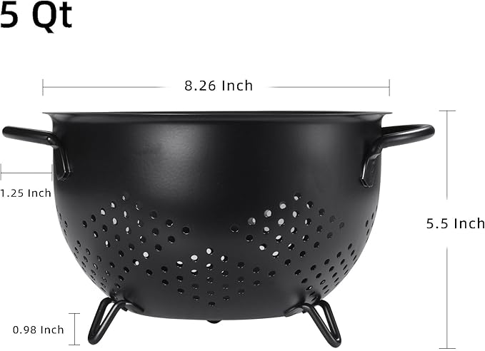 Metal Colander 5 Quart Powder Coated Self-draining Metal Strainer with Base,Kitchen Pasta Fruit Vegetable Basket with Double Handles (Light Black)