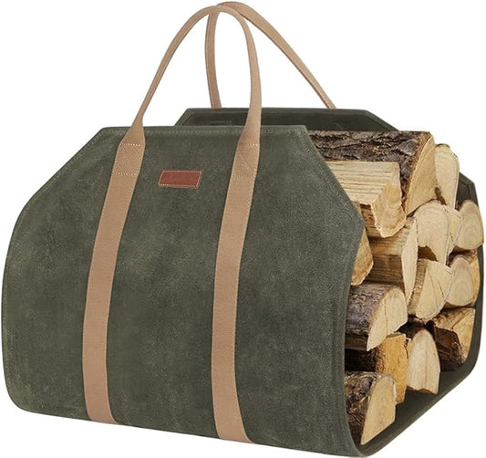 Sturdy Waxed Canvas Firewood Log Carrier, Durable Firepalce Wood Bag with Reinforce Duty Straps Green