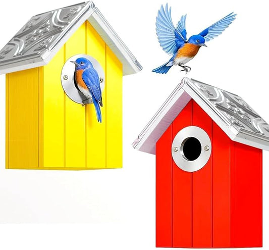 2PK Cedar Bluebird House, Wooden Bird House for Outside, 1.5" Entrance Hole Size, Stainless Steel Entrance Hole Protector, Silver Metal Roof, Colorful Garden Decorative, Pole Mountable (Yellow+Red)