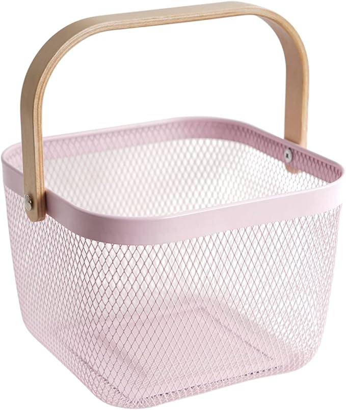 Metal Mesh Steel Harvest Basket, Square Wire Garden Basket with Handle – Multi-Functional Storage Organizer for Gathering Vegetables, Fruits, Kitchen, Garden, Picnic & Cabinet (Pink)