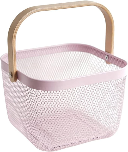 Metal Mesh Steel Harvest Basket, Square Wire Garden Basket with Handle – Multi-Functional Storage Organizer for Gathering Vegetables, Fruits, Kitchen, Garden, Picnic & Cabinet (Pink)